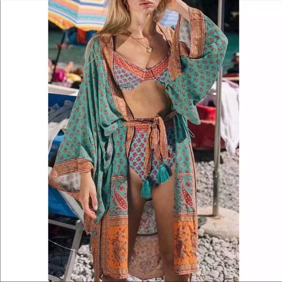 Teal Boho Kimono Floral Gypsy Print Maxi CoverUp - Picture 5 of 15